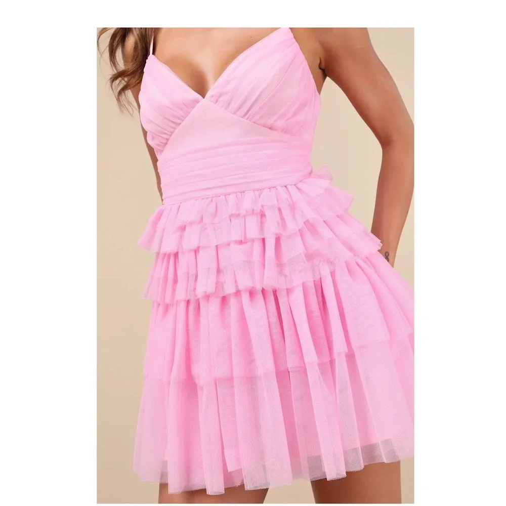 Lulus Pink Tulle Mini Dress Ruched V-Neck Tiered Ruffle Party Dress Womens Med - Picture 1 of 12